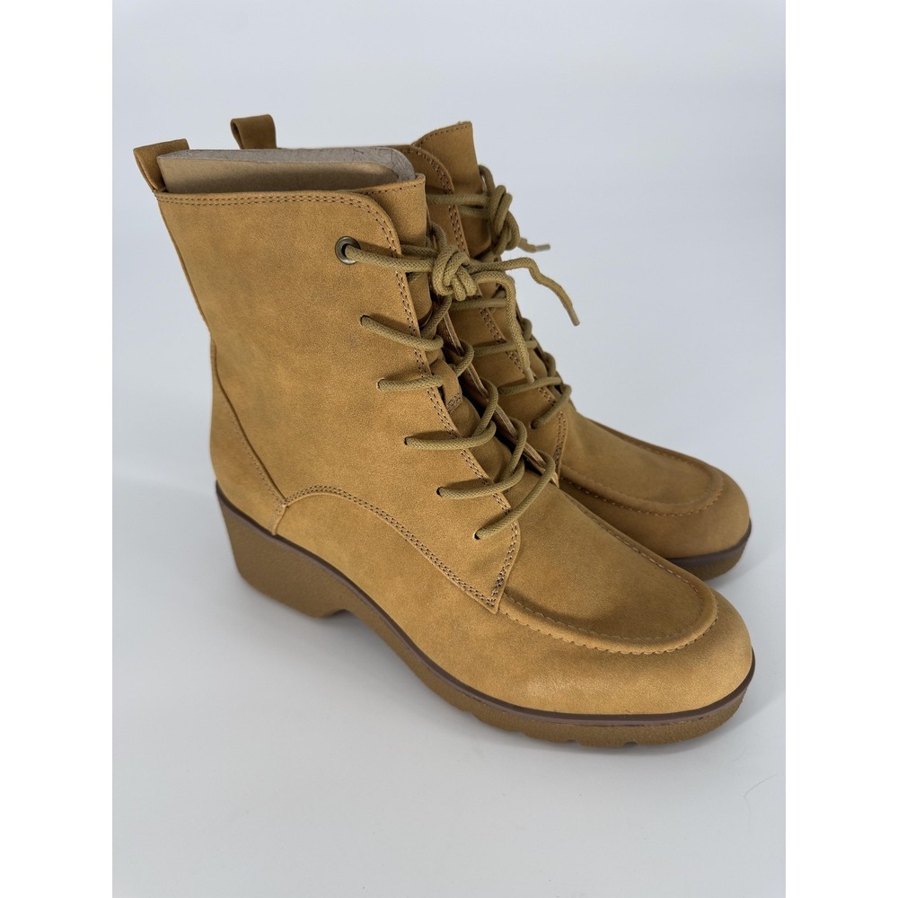 Naturalizer Genie Boots Women 8.5M Tan Suede Lace Up Side Zip Wedge